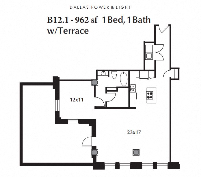 Floor plan for 1 bed, 1 bath, 962 sqft